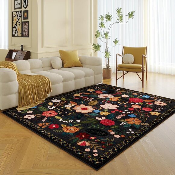 New 5x7 Black Area Rug, Washable Vintage Floral Non-Slip Carpet for Any Room - Picture 2 of 9